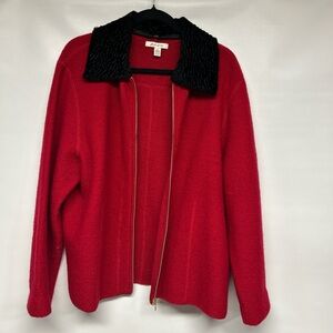 JM Collection Red Cardigan with Black Textured Collar